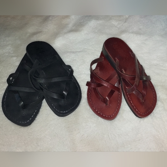 2 Pair Sandalim Leather Flip Flop Jesus Sandals Black And Chestnut Size 6/36 - Picture 1 of 10